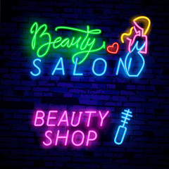 Beauty Salon sign vector design template. Beauty Salon neon logo, light banner design element colorful modern design trend, night bright advertising, bright sign. Vector illustration