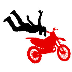 Silhouette of motorcycle rider performing trick on white background