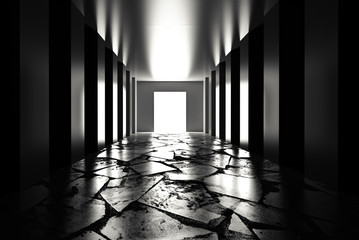 Background of empty room, corridor with concrete floor, tiles. Columns, spotlight, smoke