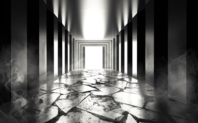 Background of empty room, corridor with concrete floor, tiles. Columns, spotlight, smoke