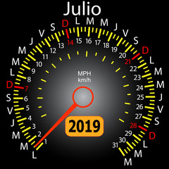 2019 year calendar speedometer car in Spanish July