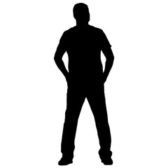 Black silhouette man standing, people on white background.