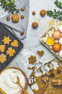 Culinary Spring or Christmas food background. Ingredients for ginger cookies