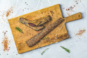 Jerky, basturma, dried meat beef, meat smoked jerky