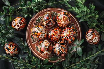 Easter eggs decorated with wax resist technique - obrazy, fototapety, plakaty