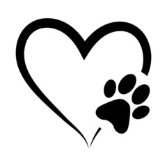 Animal love symbol paw print with heart, isolated vector - obrazy, fototapety, plakaty