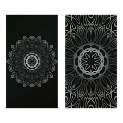 Invitation Or Card Template With Floral Mandala Pattern. For Wedding, Greeting Cards, Birthday Invitation. The Front And Rear Side. Vector Illustration. Silver black color