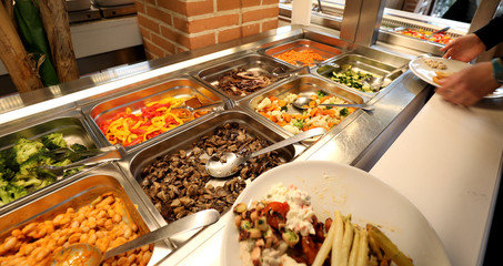 self service restaurant with many raw and cooked foods - obrazy, fototapety, plakaty