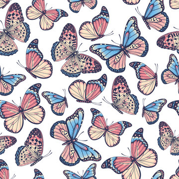 Hand drawn seamless pattern with butterflies
