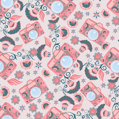 seamless pattern with flowers and camera