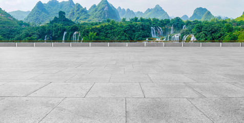 Empty Plaza Floor Bricks and Beautiful Natural Landscape