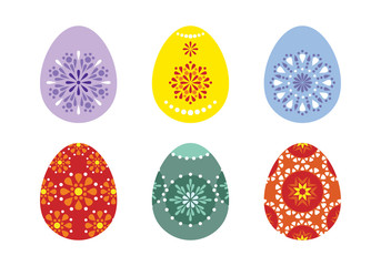 Set of Easter eggs painted with traditional patterns. Collection of colorful vector images isolated on white background. Template for Easter cards design, banner, poster.