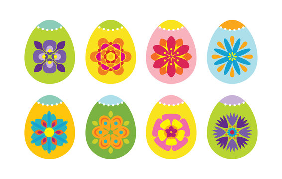Set of Easter eggs painted with floral patterns. Collection of colorful images isolated on white background. Template for design, banner, greeting card. Vector illustration in cartoon flat style.