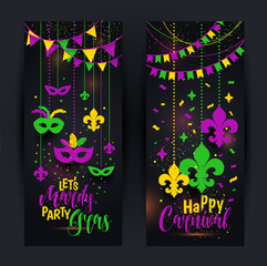 Mardi Gras colored vertical banners set with a mask and fleur-de-lis, isolated on black background. Vector illustration.