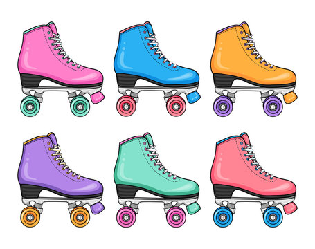 Sport style hipster fashion set of retro colorful roller skates