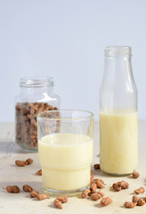 Chufa milk in bottle, with tigernut. Alternative type of milks. Vegan non-dairy milk. Lactose-Free Milk and Nondairy Beverages. Lactose intolerance. Healthy food. Superfood