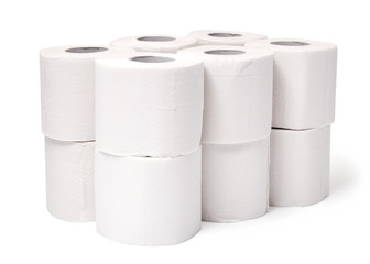 Clean white tissue paper rolls on white background. Toilet paper roll with white isolated background