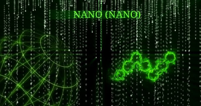 Glowing Nano (NANO) symbol against the falling binary code symbols