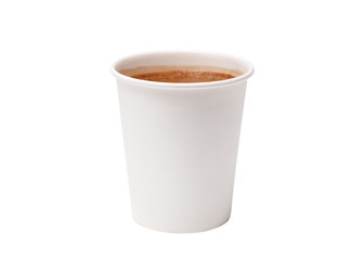 Coffee in takeaway cup isolated on white background. Coffee in takeaway paper cup on white background. Space for design