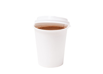 Coffee in takeaway cup isolated on white background. Coffee in takeaway paper cup on white background. Space for design