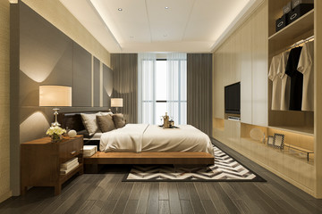 3d rendering luxury modern bedroom suite tv with wardrobe and walk in closet