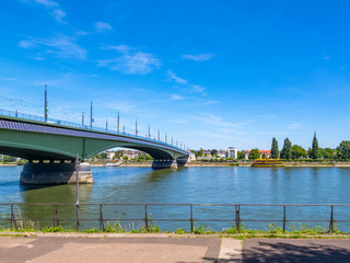 View of the Rhine and Kennedy Bridge in Bonn, Germany on a sunny summer day