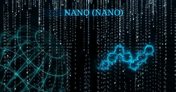 Glowing Nano (NANO) symbol against falling binary code symbols