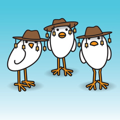 Three Staring Aussie White Chicks in Hats