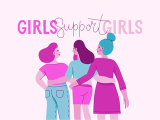 Vector illustration with female character and hand lettering phrase girls support girls