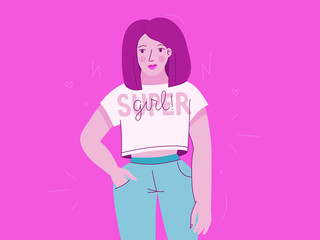 Vector illustration with female character and hand lettering phrase super girl