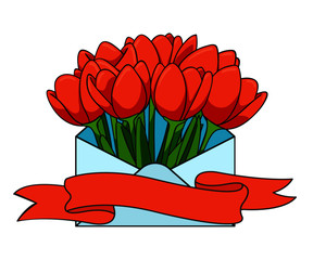 Bouquet of tulips in an envelope