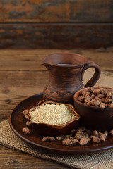 Chufa milk and tigernut flour. Alternative type of milks. Vegan non-dairy milk. Lactose-Free Milk and Nondairy Beverages. Lactose intolerance. Gluten free. Grain free. Healthy food. Superfood.