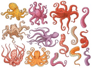 Vector yellow octopus sketch marine animal icon © sabelskaya