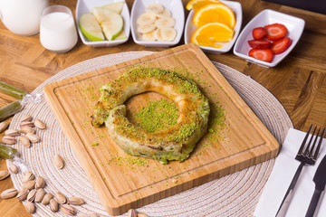 Delicious Turkish Traditional Dessert Katmer from Gaziantep . Green pistachio