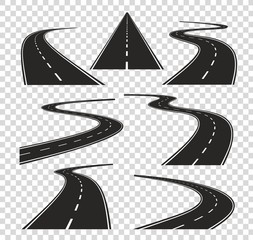 Roads in perspective. Bended pathway road curved city street to horizon. Journey asphalt highway isolated vector set © SpicyTruffel