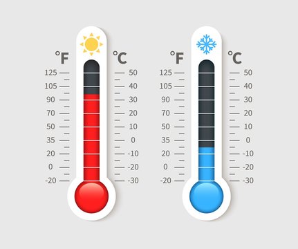 Cold warm thermometer. Temperature weather thermometers with celsius and fahrenheit scale. Thermostat meteorology vector isolated icon