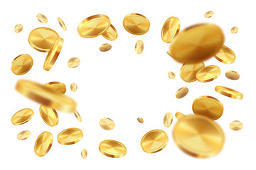 Golden coins. Realistic jackpot money rain lottery prize falling cash. Vector banner with realistic falling coins and copyspace