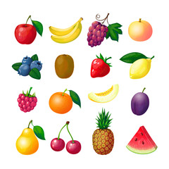 Cartoon fruits and berries. Apple banana grape peach blueberry kiwi lemon strawberry raspberry melon plum pear pineapple vector set