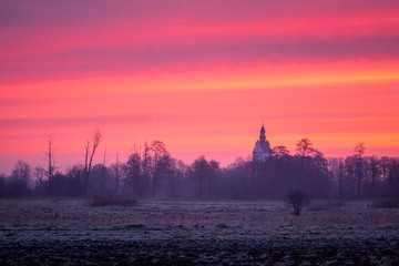 Dawn over the church in Jazgarzew near Piaseczno, Poland