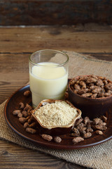 Chufa milk and tigernut flour. Alternative type of milks. Vegan non-dairy milk. Lactose-Free Milk and Nondairy Beverages. Lactose intolerance. Gluten free. Grain free. Healthy food. Superfood.