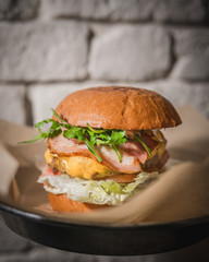 Burgers and cheeseburgers with french fries