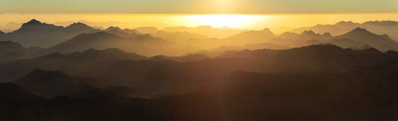 Obraz premium Egypt. Mount Sinai in the morning at sunrise. (Mount Horeb, Gabal Musa, Moses Mount). Pilgrimage place and famous touristic destination.