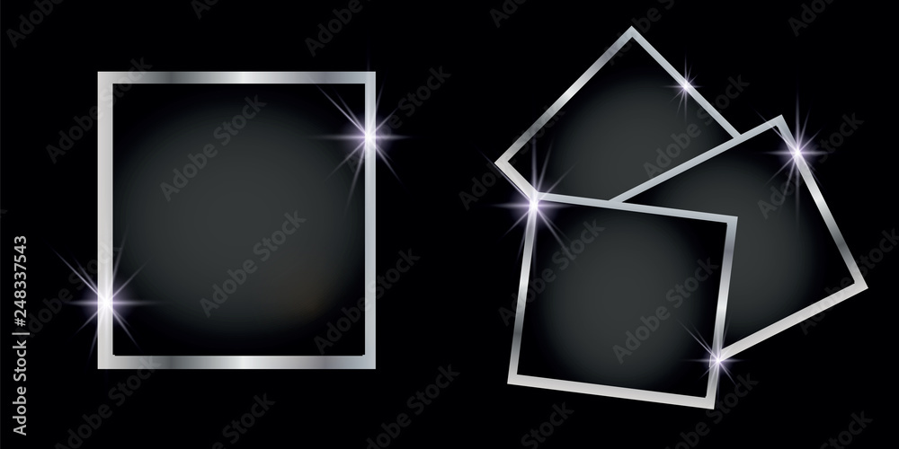 Wall mural set of silver shiny square and round frames, on white transparent background. vector illustration