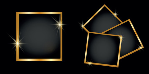Set of  gold shiny square and round frames, on black transparent background. Vector illustration