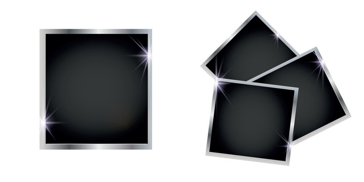 Set of silver shiny square and round frames, on white transparent background. Vector illustration