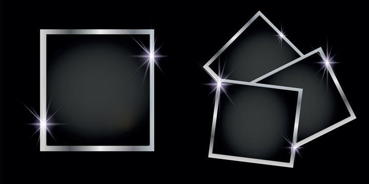 Set of silver shiny square and round frames, on white transparent background. Vector illustration