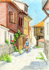 Illustration of the old town with colored pencils. Houses with tiled roofs.