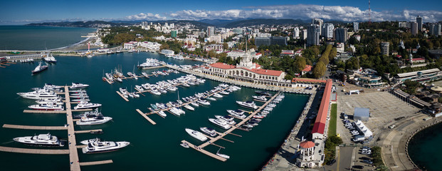 Yachts and boats anchored in the port of Sochi. Russia. Aerial view