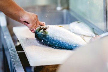 魚を捌いて調理している様子