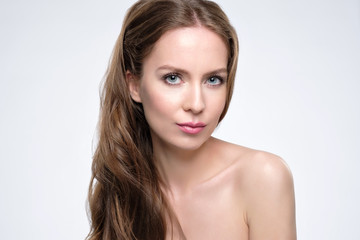 Obraz premium Beauty portrait of female face with natural skin and make up.